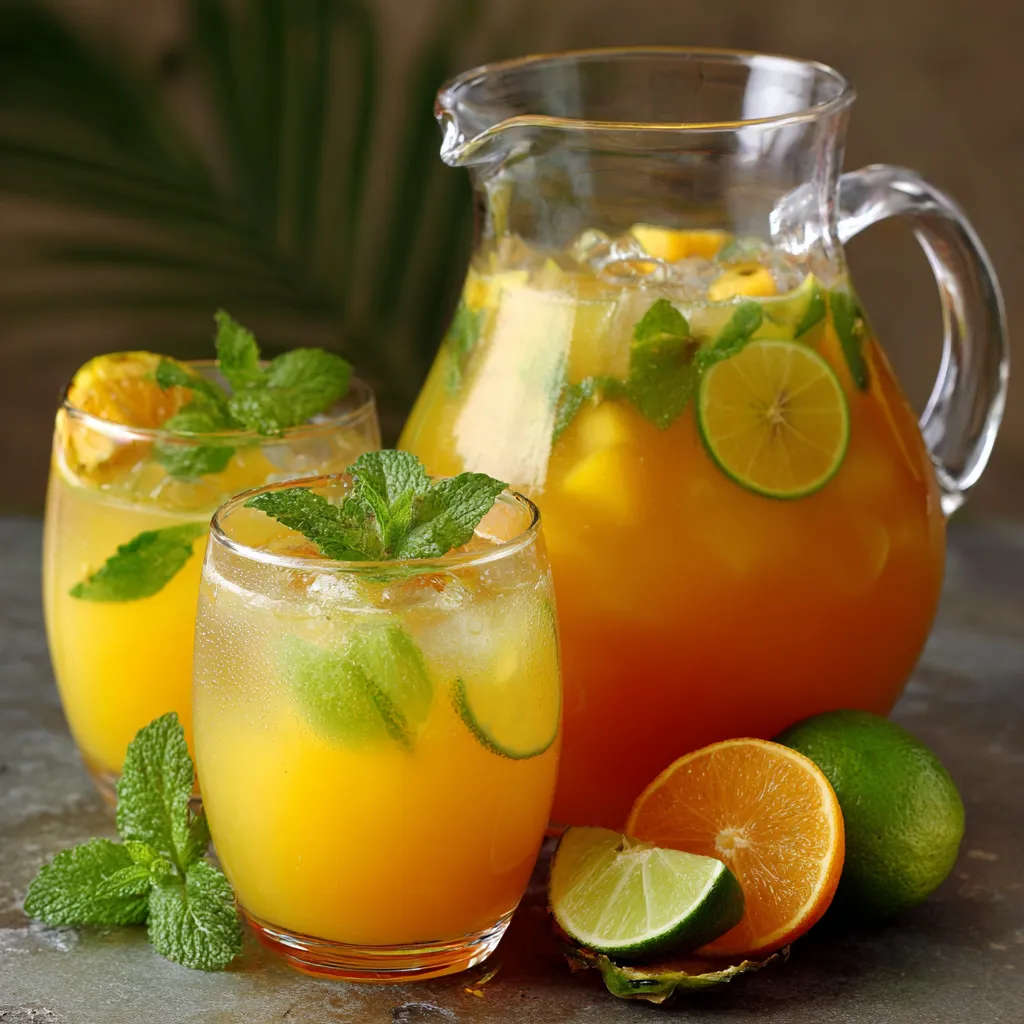 Un grand bol de punch tropical sans rhum garni de menthe et de citron vert