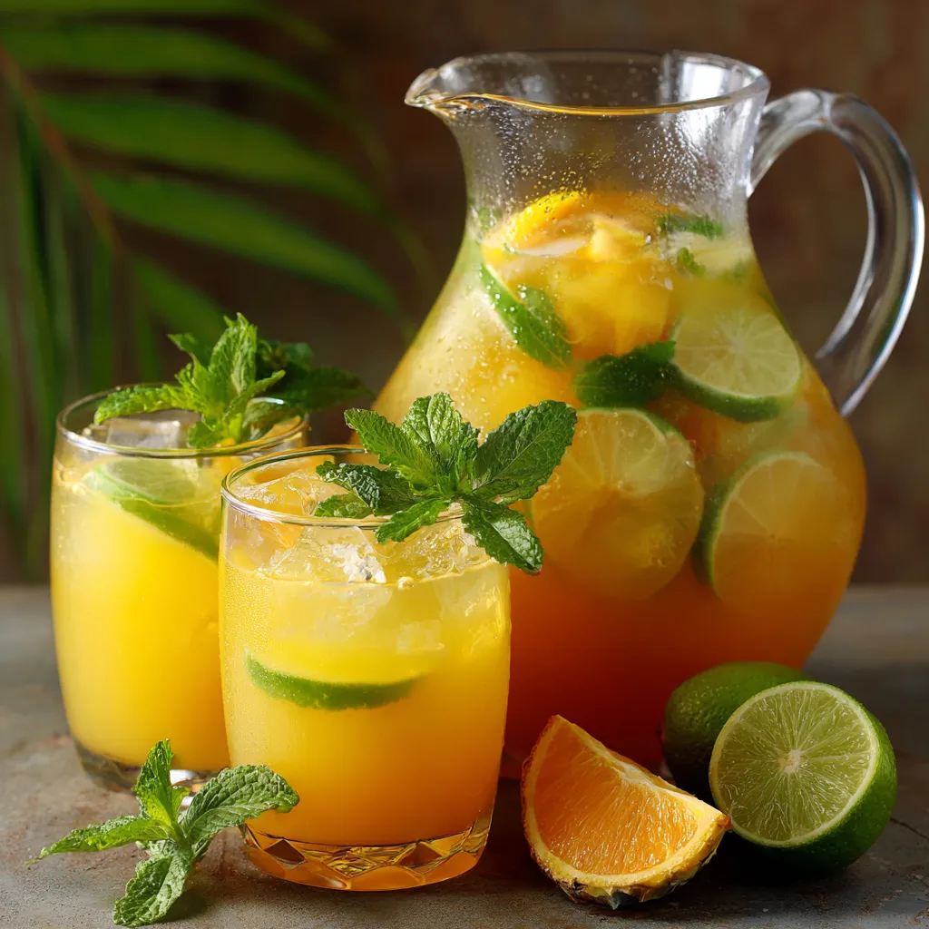 Un grand bol de punch tropical sans rhum garni de menthe et de citron vert