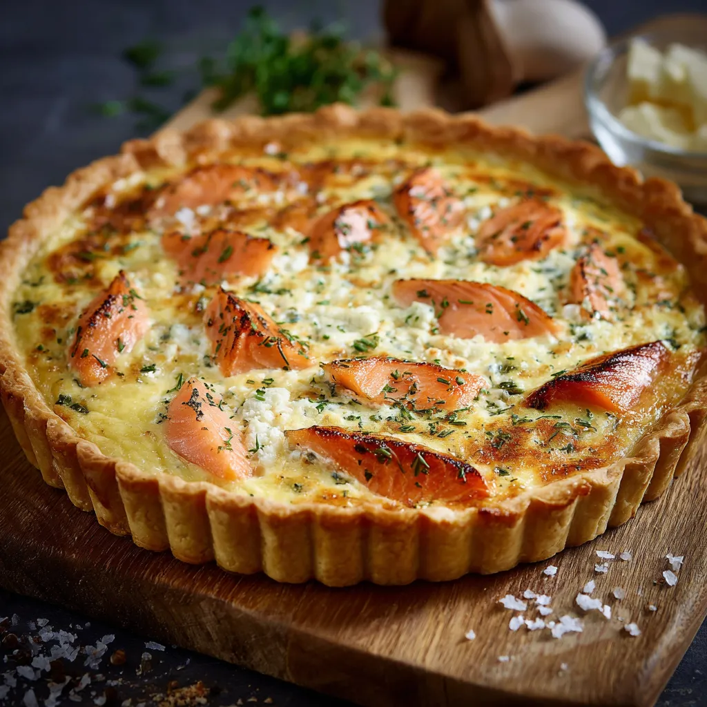 Quiche au saumon et Boursin dorée sortie du four dans un moule à tarte