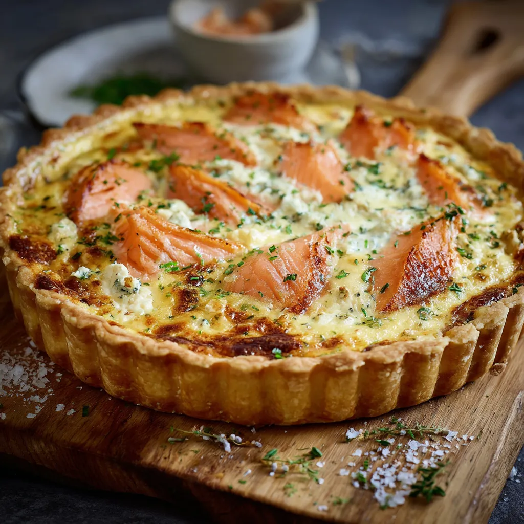 Quiche au saumon et Boursin dorée sortie du four dans un moule à tarte
