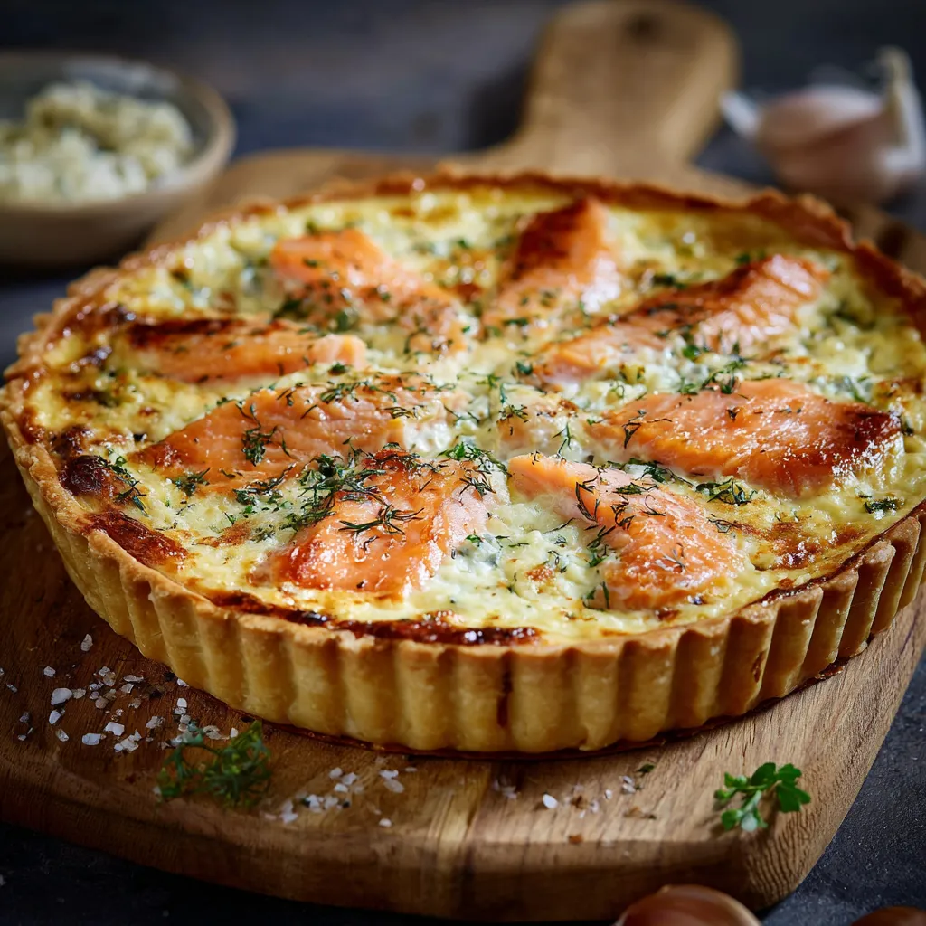 Quiche au saumon et Boursin dorée sortie du four dans un moule à tarte