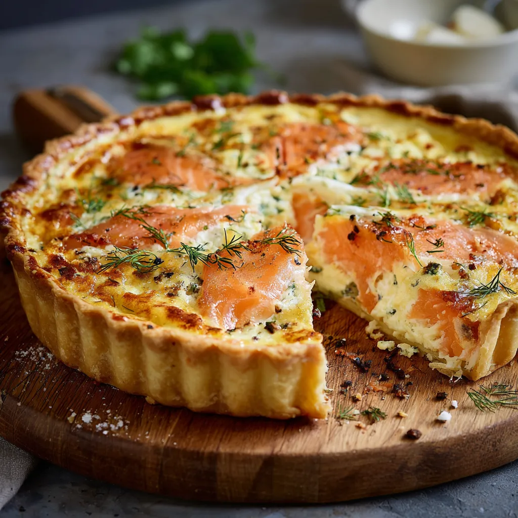 Quiche au saumon et Boursin dorée sortie du four dans un moule à tarte