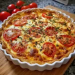 Quiche au thon et tomates dorée, sortie du four, servie avec salade verte