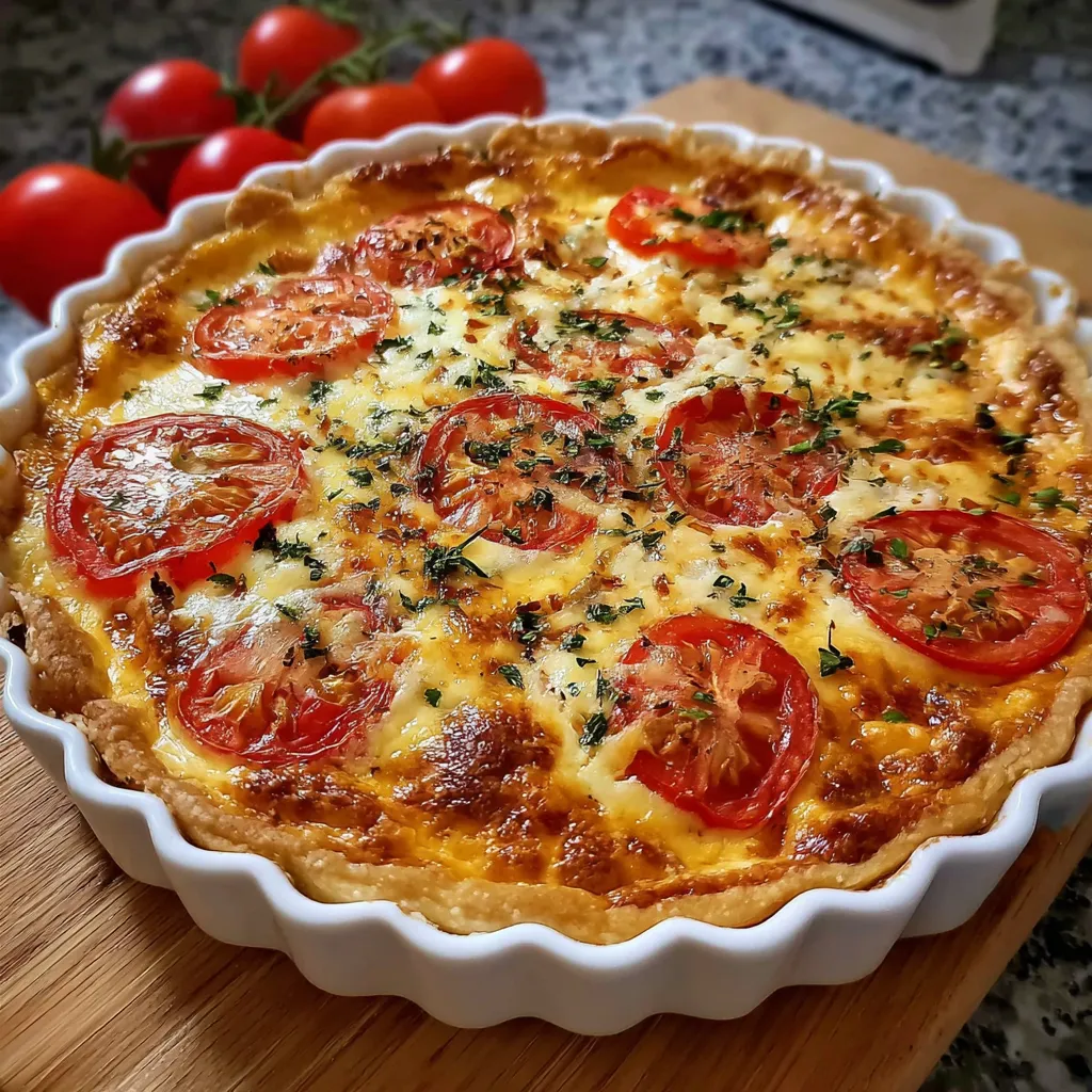 Quiche au thon et tomates dorée, sortie du four, servie avec salade verte