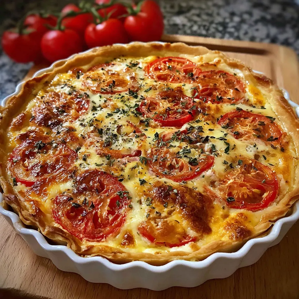 Quiche au thon et tomates dorée, sortie du four, servie avec salade verte