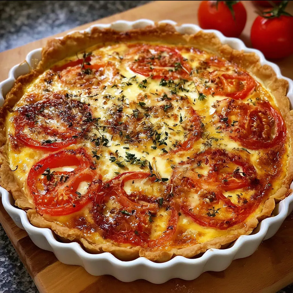 Quiche au thon et tomates dorée, sortie du four, servie avec salade verte