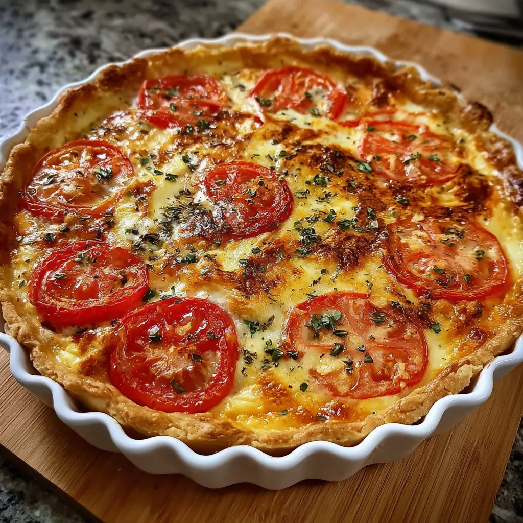 Quiche au thon et tomates dorée, sortie du four, servie avec salade verte
