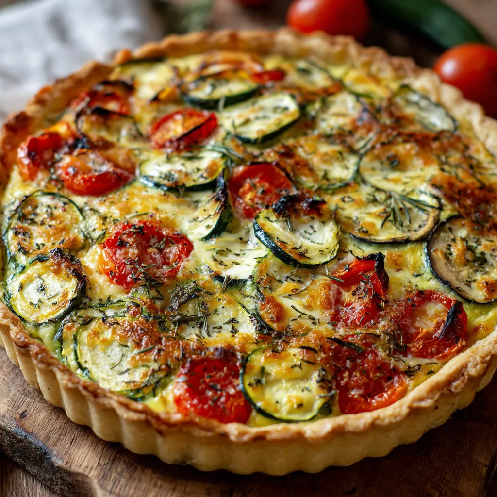 Quiche aux légumes d’été maison avec courgettes, aubergines et tomates