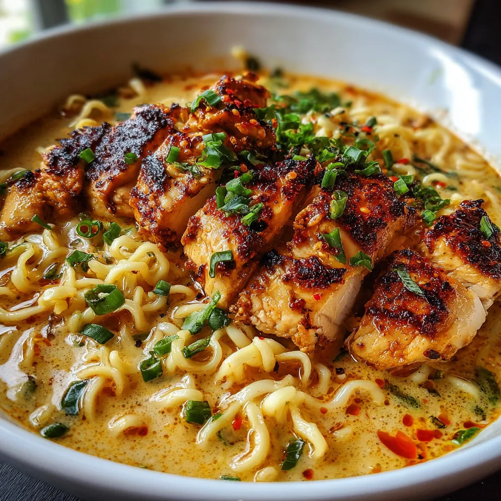Bol de ramen au poulet avec sauce crémeuse à l’ail, garni de ciboulette et sésame, présenté dans un bol blanc.