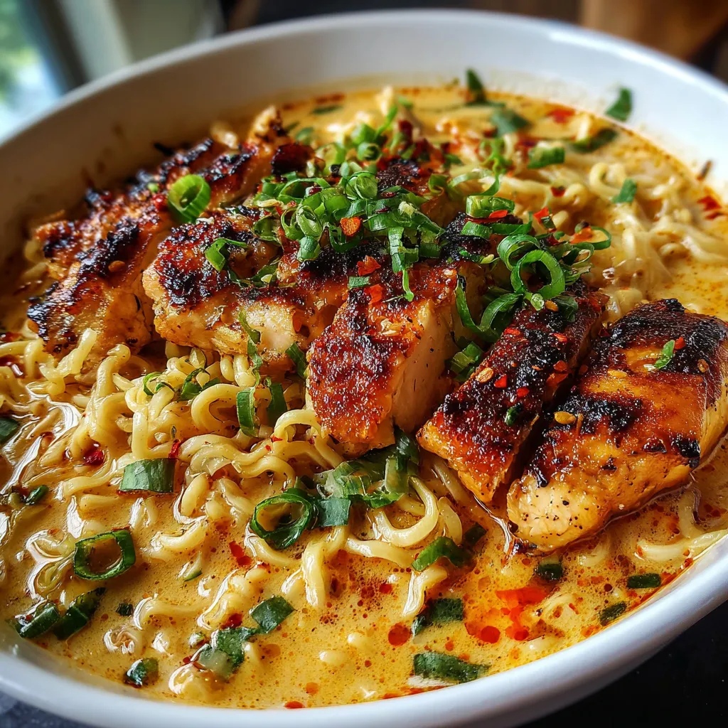 Bol de ramen au poulet avec sauce crémeuse à l’ail, garni de ciboulette et sésame, présenté dans un bol blanc.