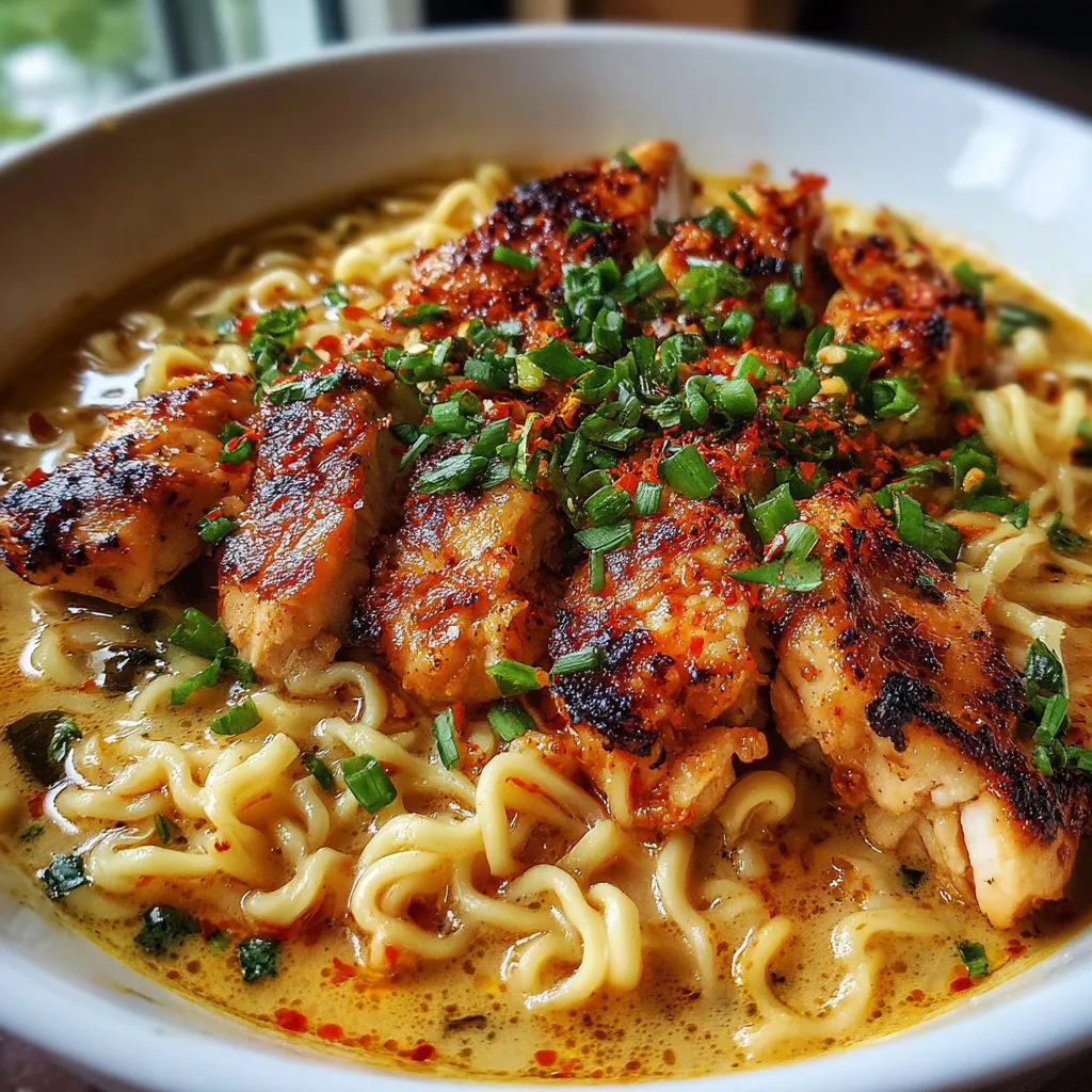 Bol de ramen au poulet avec sauce crémeuse à l’ail, garni de ciboulette et sésame, présenté dans un bol blanc.