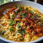 Bol de ramen au poulet avec sauce crémeuse à l’ail, garni de ciboulette et sésame, présenté dans un bol blanc.