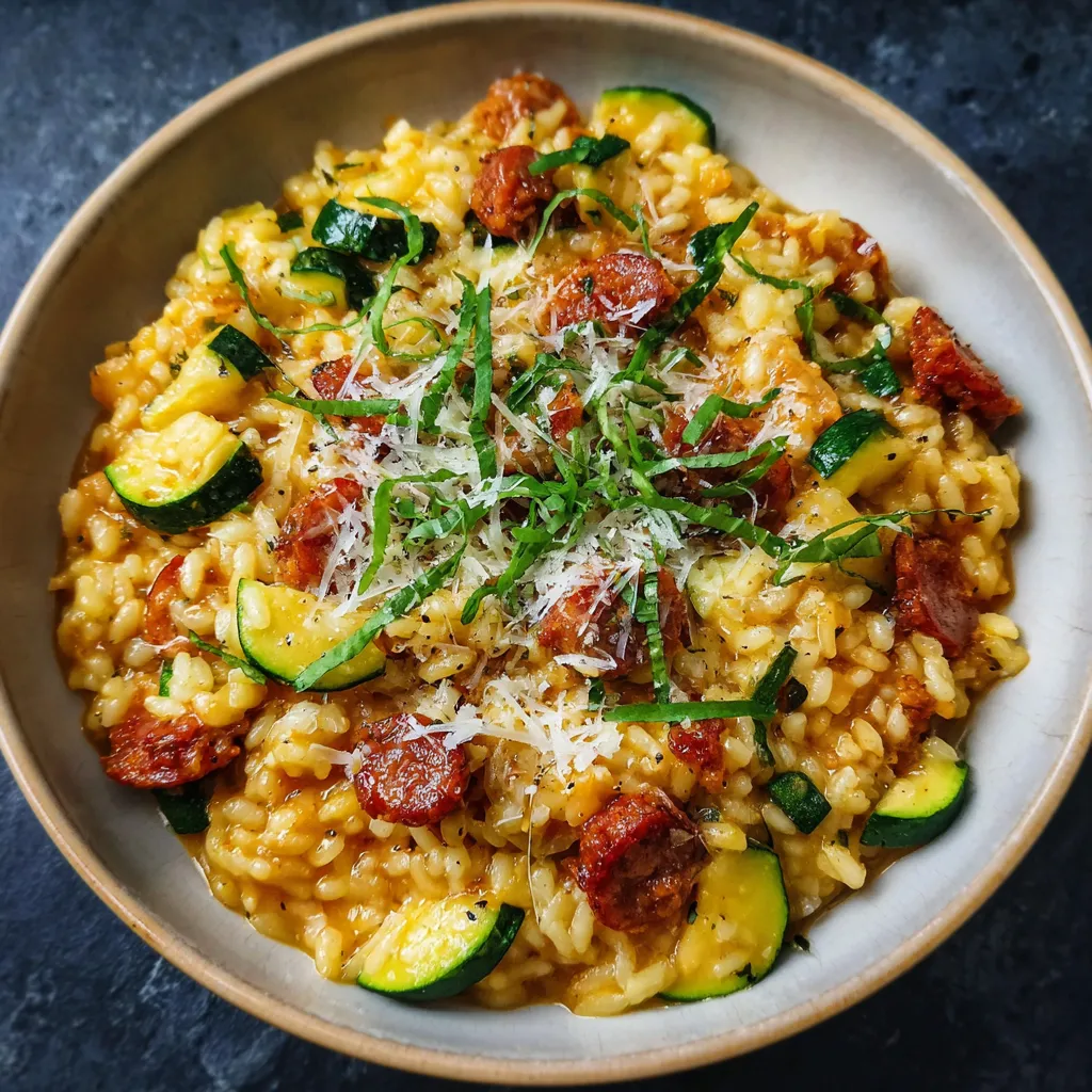 Risotto aux courgettes et chorizo de bœuf crémeux servi dans une assiette blanche
