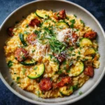 Risotto aux courgettes et chorizo de bœuf crémeux servi dans une assiette blanche