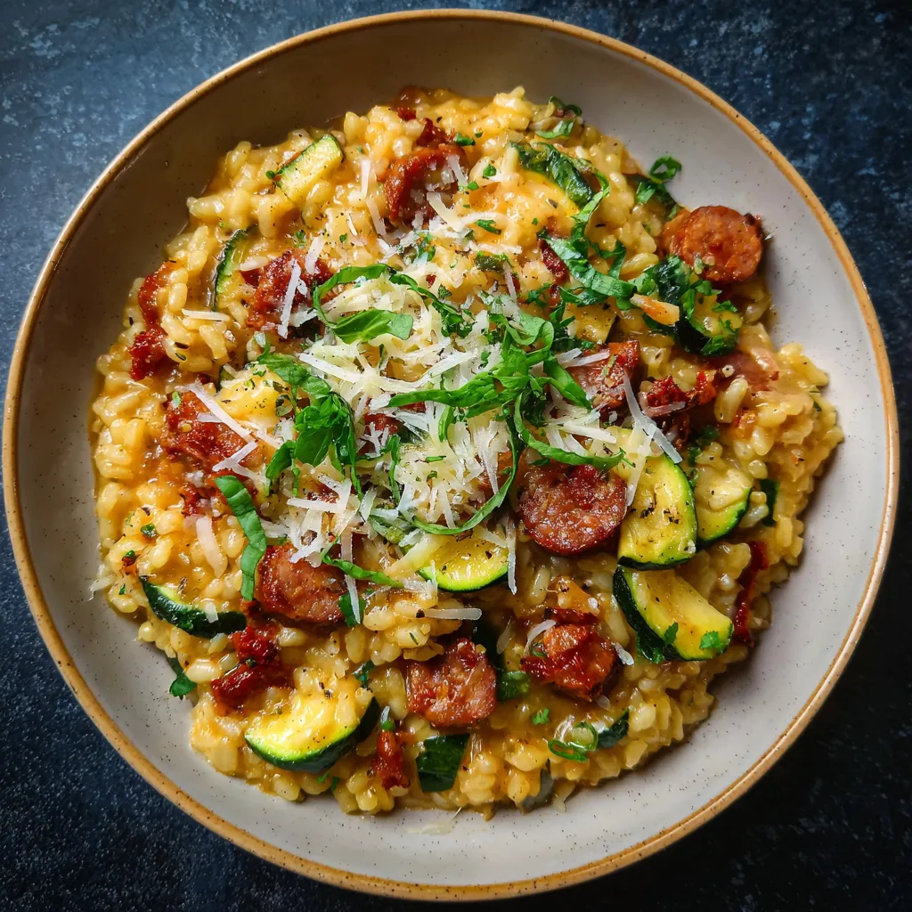 Risotto aux courgettes et chorizo de bœuf crémeux servi dans une assiette blanche