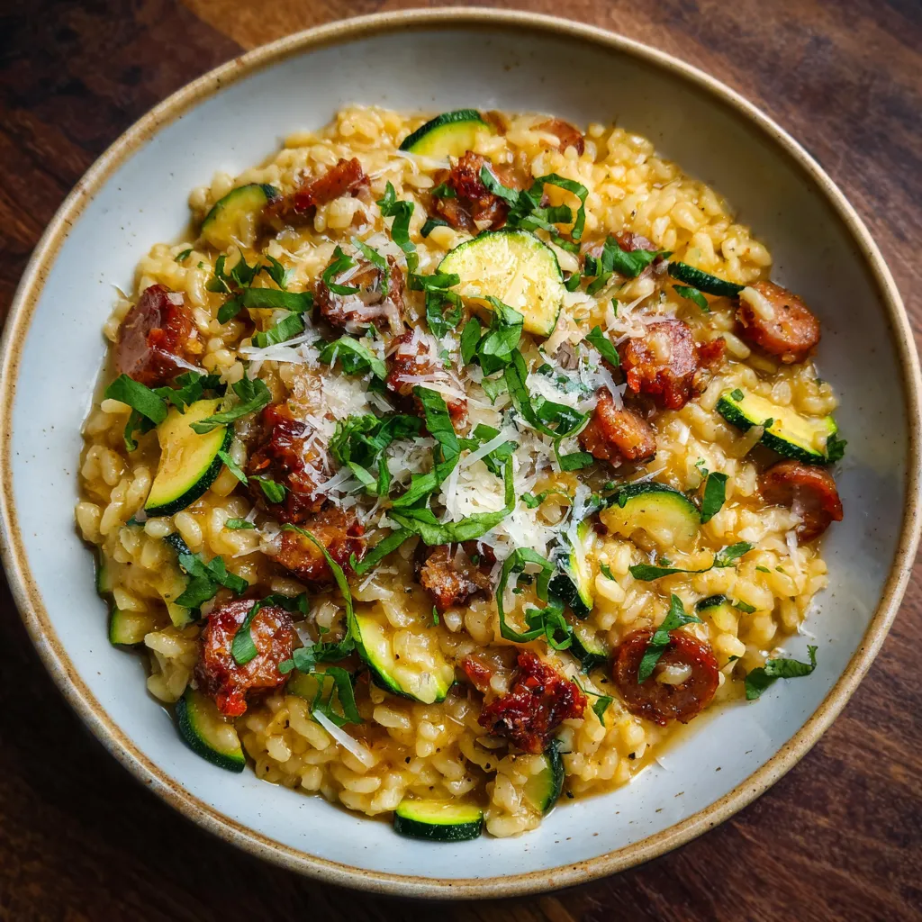 Risotto aux courgettes et chorizo de bœuf crémeux servi dans une assiette blanche