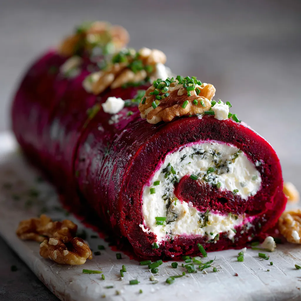 Roulé betterave fromage de chèvre et noix tranché sur une planche
