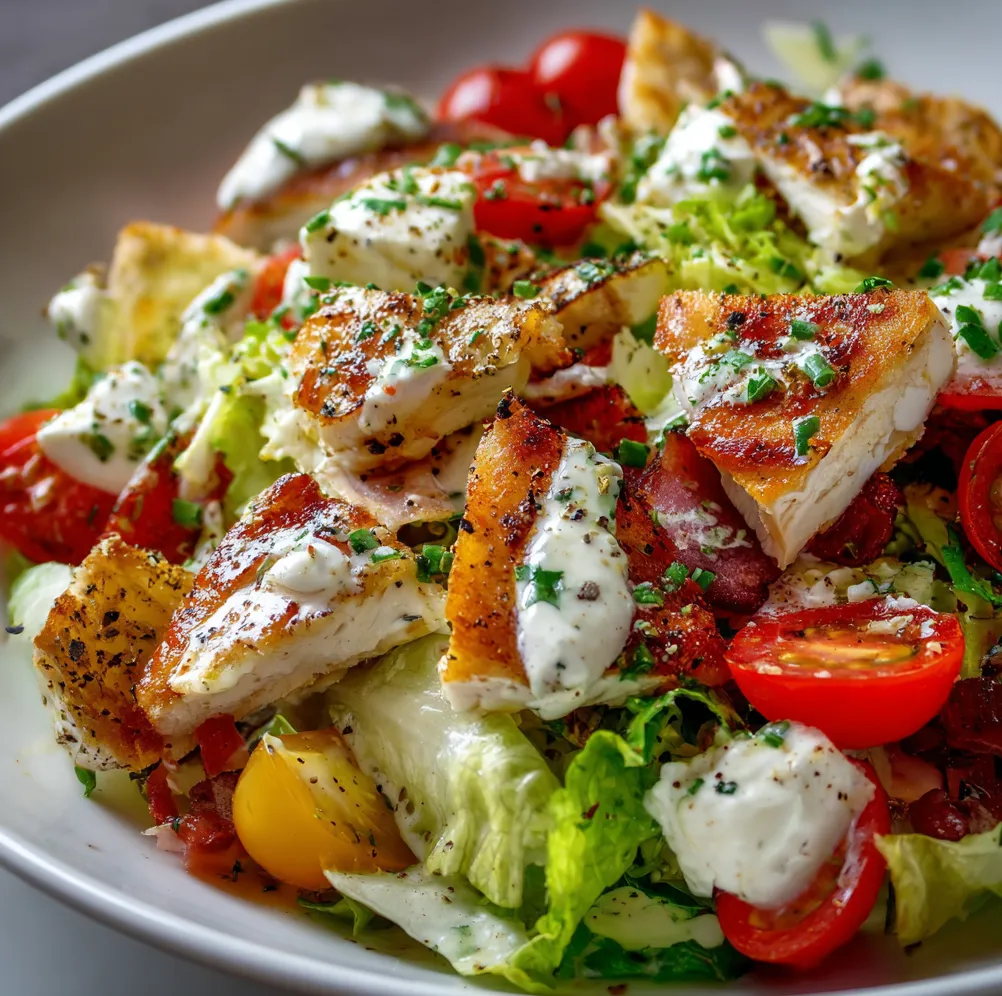 Salade César légère au fromage blanc avec croûtons dorés et parmesan sur assiette blanche
