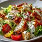 Salade César légère au fromage blanc avec croûtons dorés et parmesan sur assiette blanche