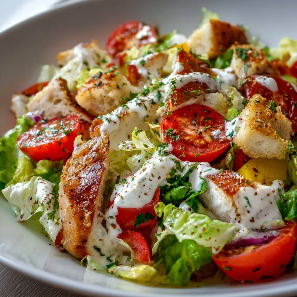 Salade César légère au fromage blanc avec croûtons dorés et parmesan sur assiette blanche