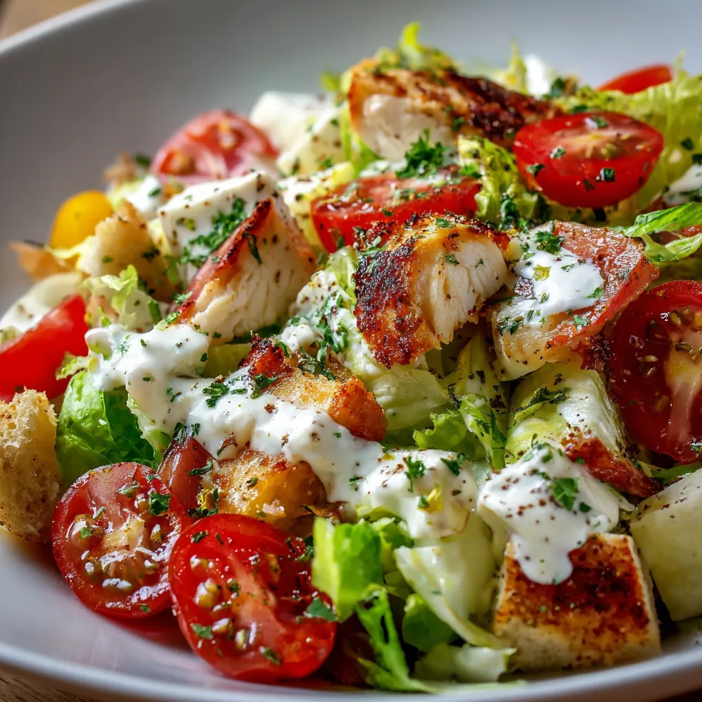 Salade César légère au fromage blanc avec croûtons dorés et parmesan sur assiette blanche
