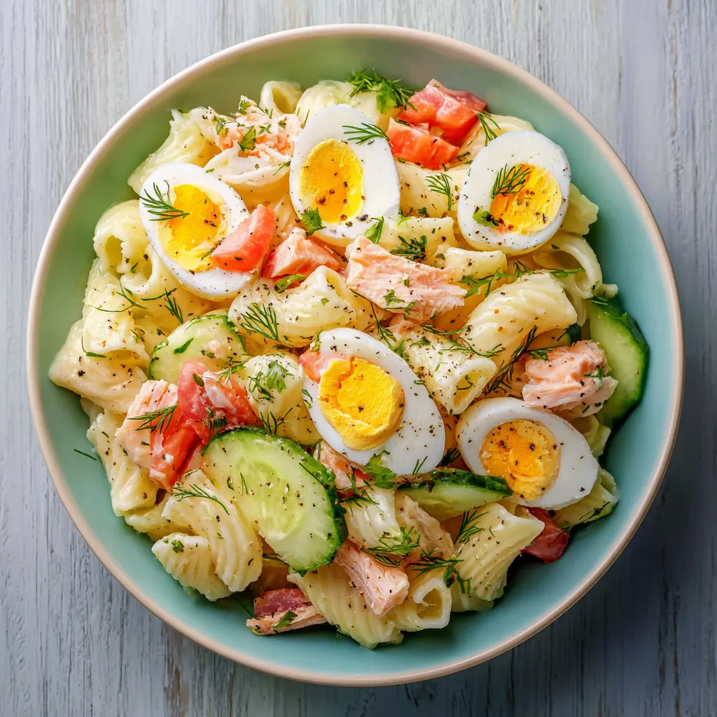 Bol de salade fraîcheur surimi œufs avec pâtes et légumes colorés