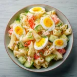 Bol de salade fraîcheur surimi œufs avec pâtes et légumes colorés