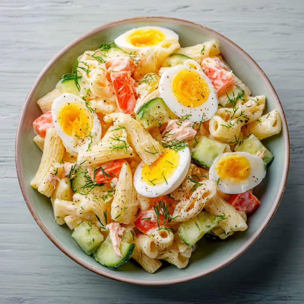 Bol de salade fraîcheur surimi œufs avec pâtes et légumes colorés