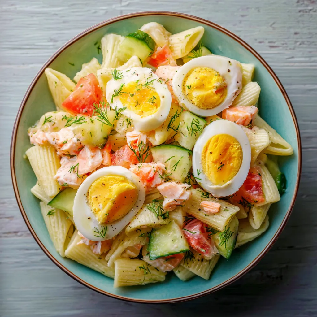 Bol de salade fraîcheur surimi œufs avec pâtes et légumes colorés