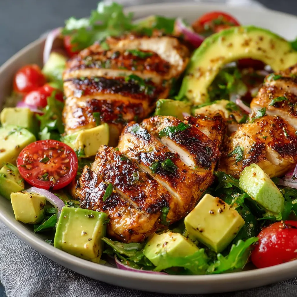 Salade poulet grillé avocat dans une assiette avec vinaigrette citronnée