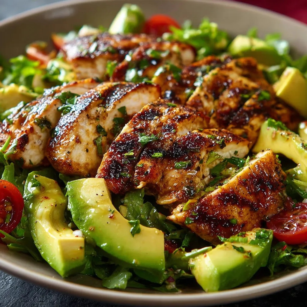 Salade poulet grillé avocat dans une assiette avec vinaigrette citronnée