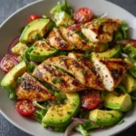 Salade poulet grillé avocat dans une assiette avec vinaigrette citronnée