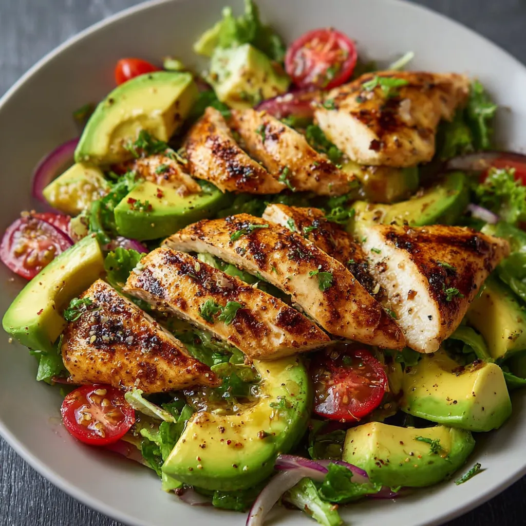 Salade poulet grillé avocat dans une assiette avec vinaigrette citronnée