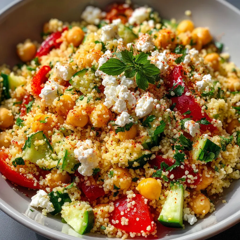 Salade de couscous aux légumes frais et pois chiches servie dans un grand saladier
