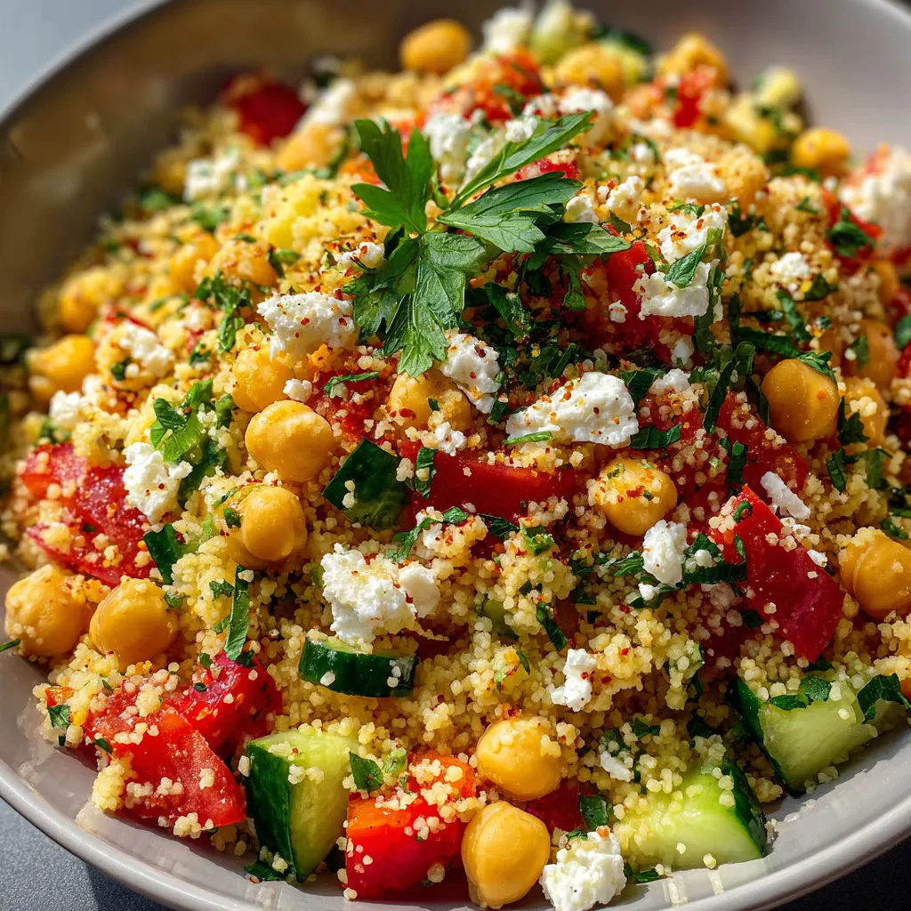 Salade de couscous aux légumes frais et pois chiches servie dans un grand saladier