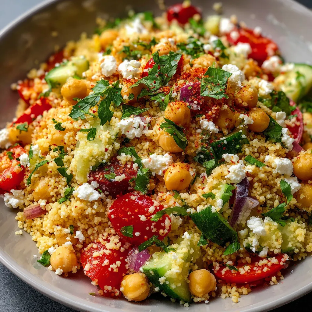 Salade de couscous aux légumes frais et pois chiches servie dans un grand saladier