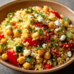 Salade de couscous aux légumes frais et pois chiches servie dans un grand saladier