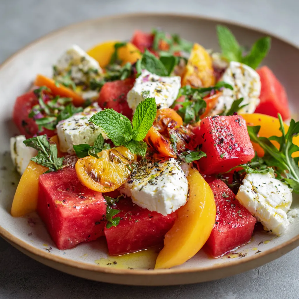 Salade colorée de pastèque, nectarines et chèvre chaud avec vinaigrette à l’orange et menthe