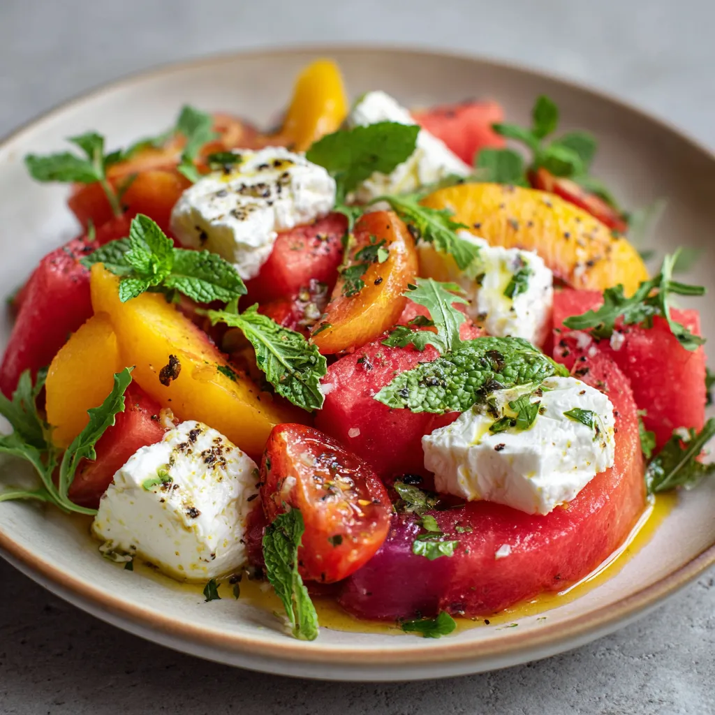 Salade colorée de pastèque, nectarines et chèvre chaud avec vinaigrette à l’orange et menthe