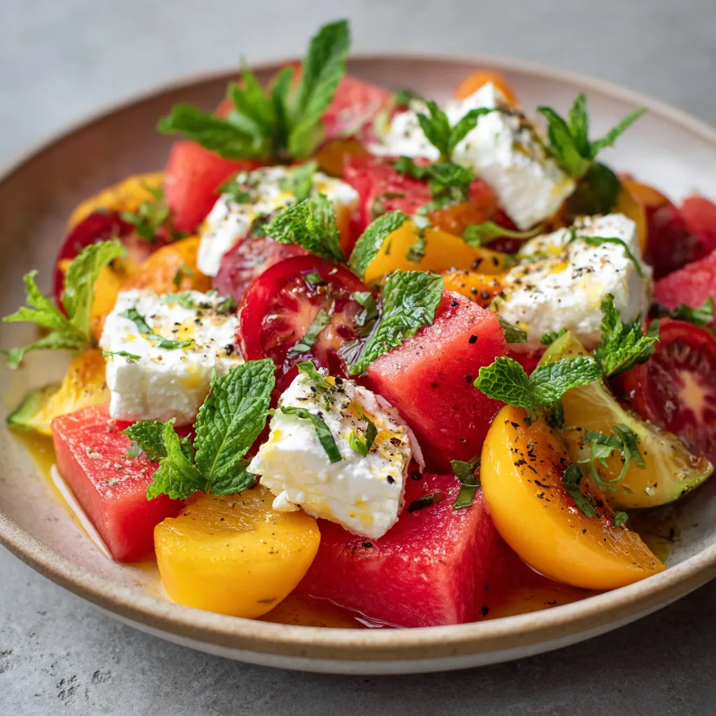 Salade colorée de pastèque, nectarines et chèvre chaud avec vinaigrette à l’orange et menthe