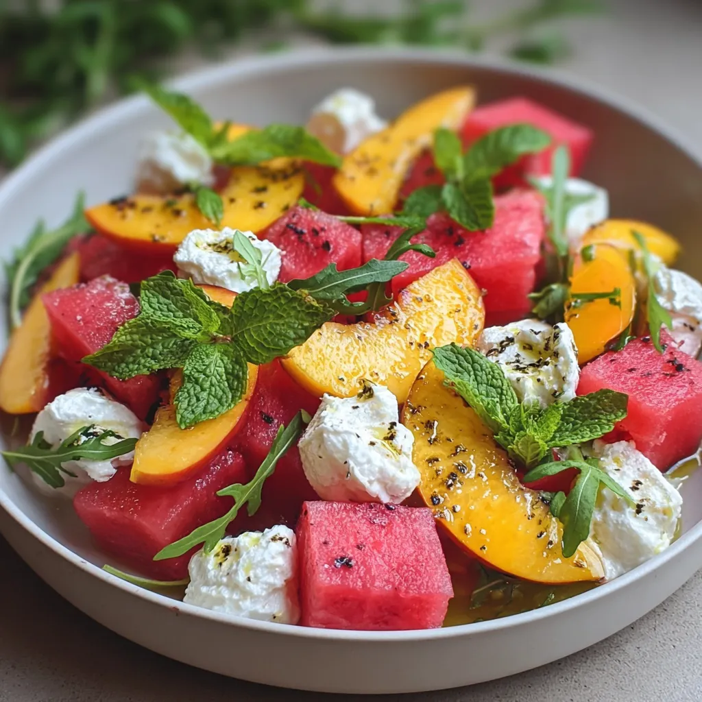 Salade colorée de pastèque, nectarines et chèvre chaud avec vinaigrette à l’orange et menthe