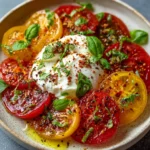 Salade de tomates anciennes multicolores avec burrata crémeuse, huile d’olive et basilic frais, servie dans un plat estival