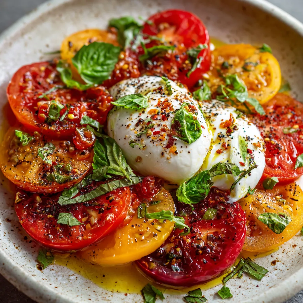 Salade de tomates anciennes multicolores avec burrata crémeuse, huile d’olive et basilic frais, servie dans un plat estival