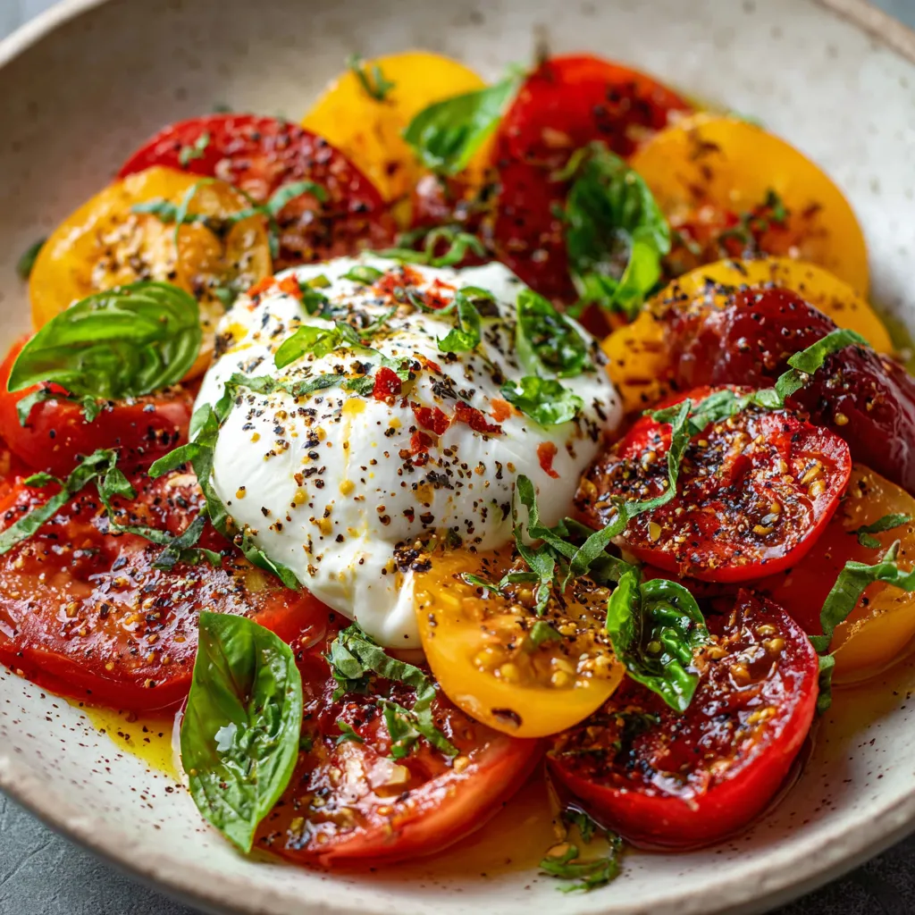 Salade de tomates anciennes multicolores avec burrata crémeuse, huile d’olive et basilic frais, servie dans un plat estival