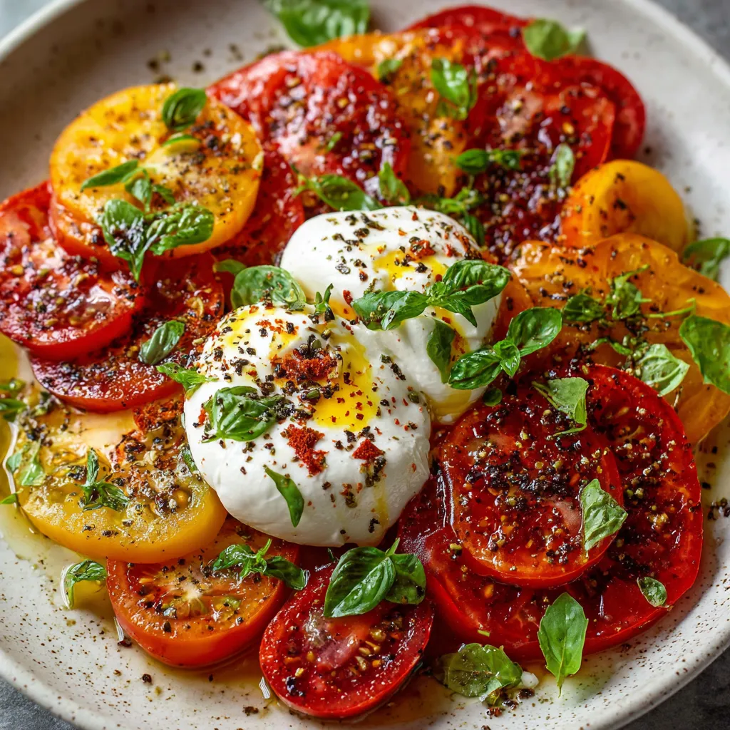 Salade de tomates anciennes multicolores avec burrata crémeuse, huile d’olive et basilic frais, servie dans un plat estival