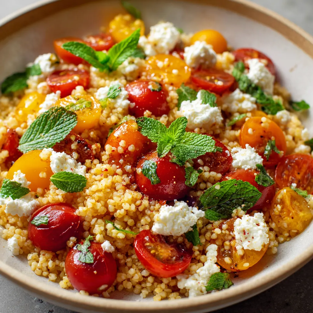 Salade de boulgour aux tomates cerises et chèvre frais, servie dans un grand saladier avec des herbes fraîches.
