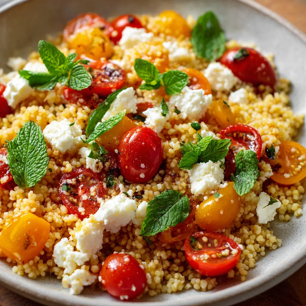 Salade de boulgour aux tomates cerises et chèvre frais, servie dans un grand saladier avec des herbes fraîches.