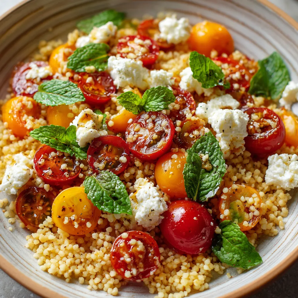 Salade de boulgour aux tomates cerises et chèvre frais, servie dans un grand saladier avec des herbes fraîches.