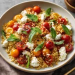 Salade de boulgour aux tomates cerises et chèvre frais, servie dans un grand saladier avec des herbes fraîches.
