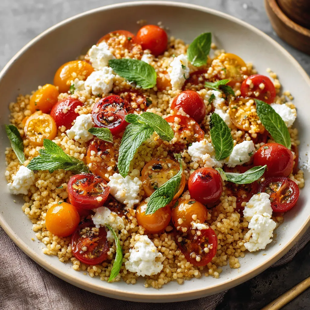 Salade de boulgour aux tomates cerises et chèvre frais, servie dans un grand saladier avec des herbes fraîches.